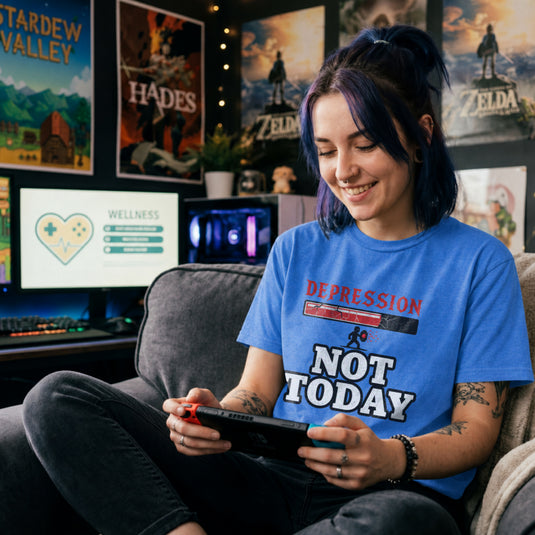 Translation missing: en.Heather royal tee with a red cracked boss health bar labeled Depression above bold white text reading NOT TODAY