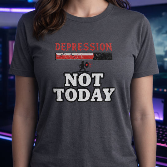 Translation missing: en.Charcoal  tee with a red cracked boss health bar labeled Depression above bold white text reading NOT TODAY