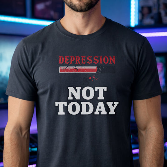 Translation missing: en.Heather navy tee with a red cracked boss health bar labeled Depression above bold white text reading NOT TODAY