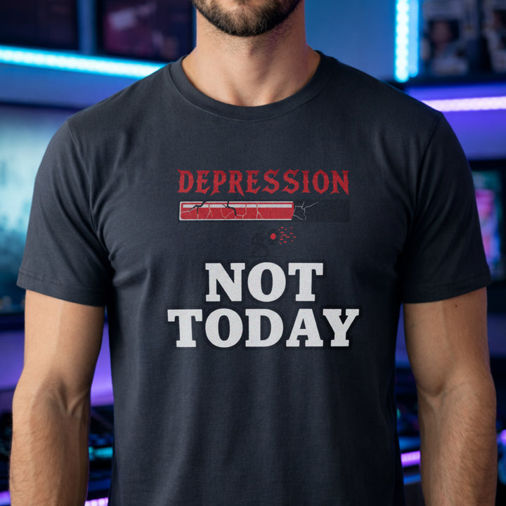 Translation missing: en.Heather navy tee with a red cracked boss health bar labeled Depression above bold white text reading NOT TODAY