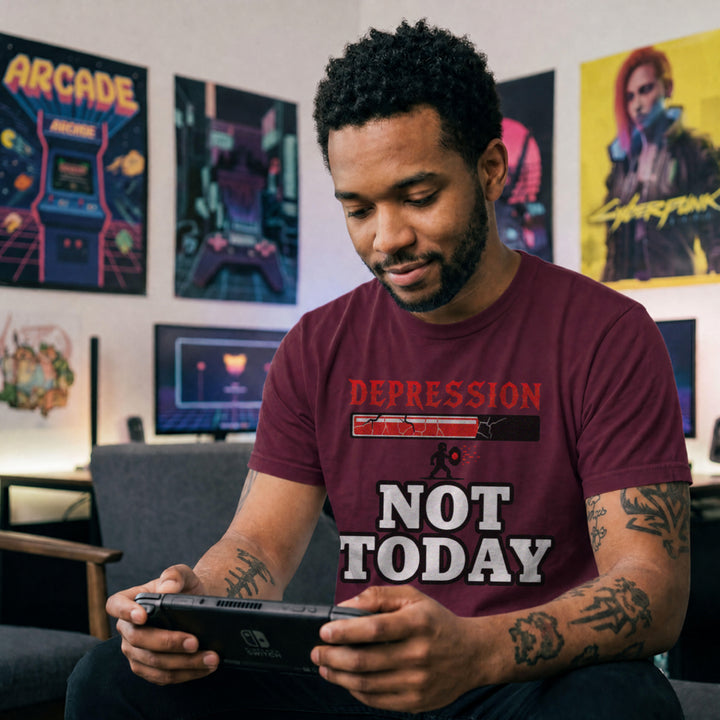 Translation missing: en.Maroon tee with a red cracked boss health bar labeled Depression above bold white text reading NOT TODAY