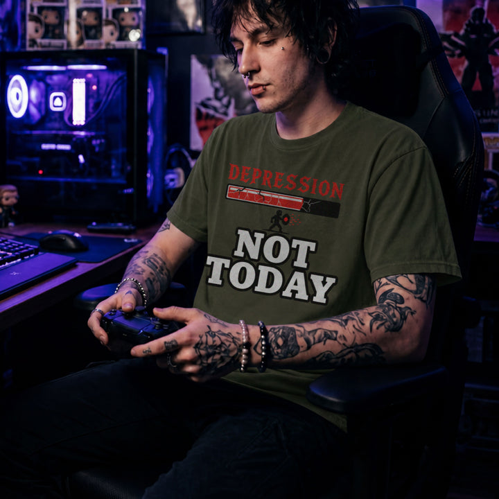 Translation missing: en.Military green tee with a red cracked boss health bar labeled Depression above bold white text reading NOT TODAY
