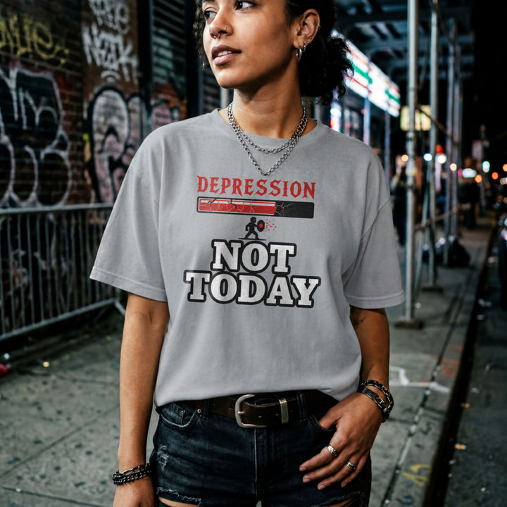 Translation missing: en.Sports grey tee with a red cracked boss health bar labeled Depression above bold white text reading NOT TODAY
