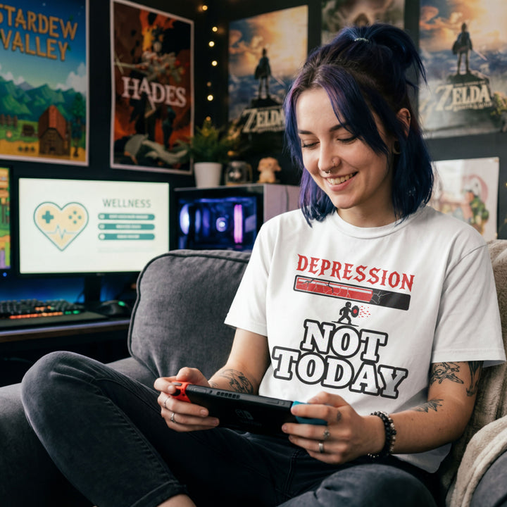 Translation missing: en.White tee with a red cracked boss health bar labeled Depression above bold white text reading NOT TODAY