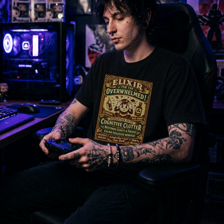 Translation missing: en.Black Vintage apothecary graphic shirt reading Elixir for the Overwhelmed with Fallout Stimpak and Rad-Away illustrations
