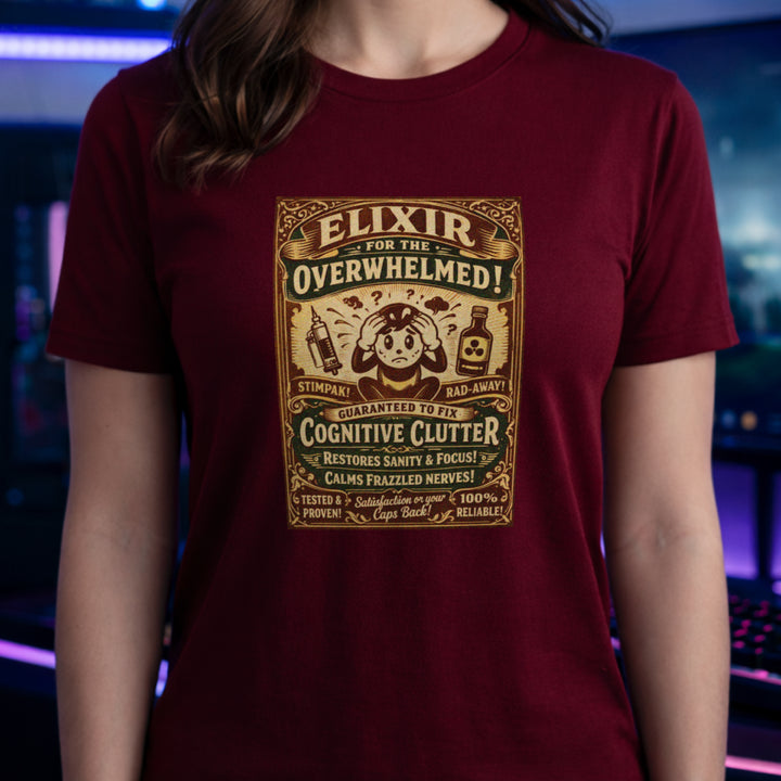 Translation missing: en.Cardinal red Vintage apothecary graphic shirt reading Elixir for the Overwhelmed with Fallout Stimpak and Rad-Away illustrations