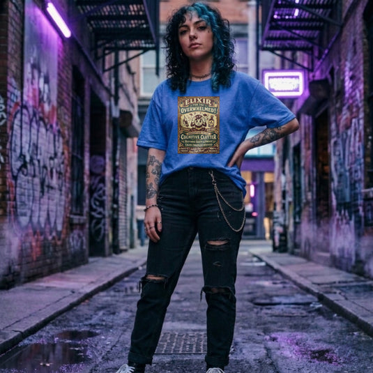 Translation missing: en.Heather royal Vintage apothecary graphic shirt reading Elixir for the Overwhelmed with Fallout Stimpak and Rad-Away illustrations