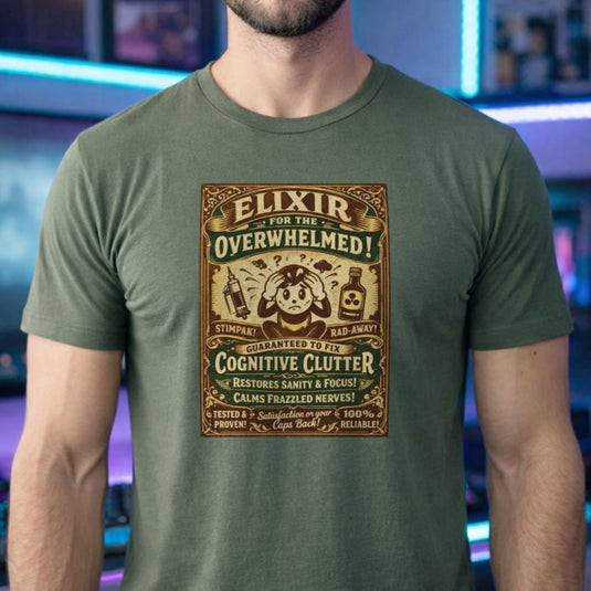 Translation missing: en.Alt n Vibe military green Vintage apothecary graphic shirt reading Elixir for the Overwhelmed with Fallout Stimpak and Rad-Away illustrations