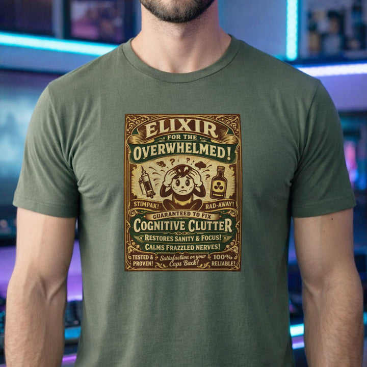 Translation missing: en.Military green Vintage apothecary graphic shirt reading Elixir for the Overwhelmed with Fallout Stimpak and Rad-Away illustrations