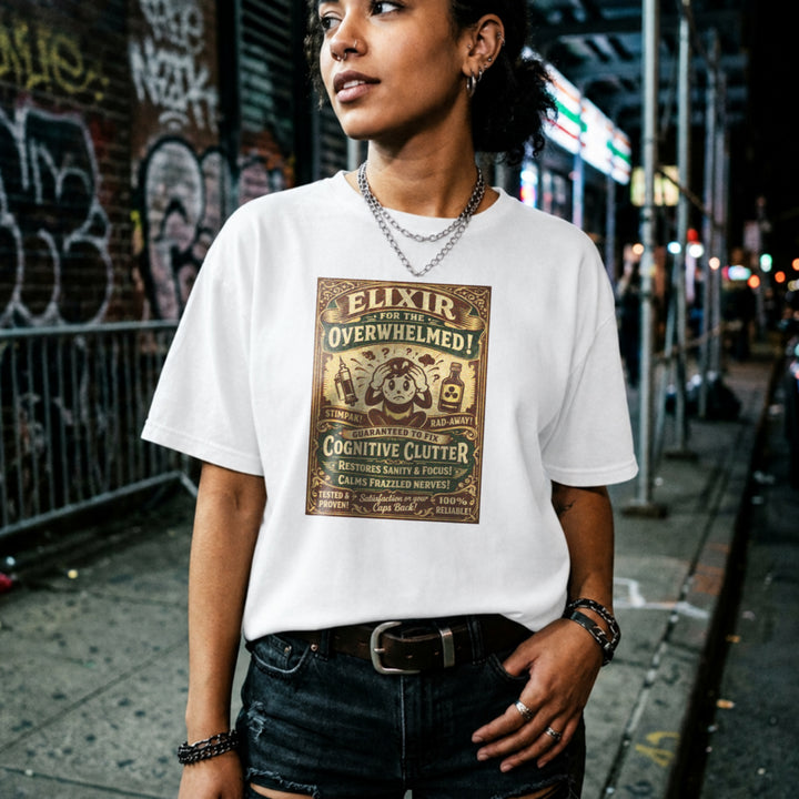 Translation missing: en.White Vintage apothecary graphic shirt reading Elixir for the Overwhelmed with Fallout Stimpak and Rad-Away illustrations