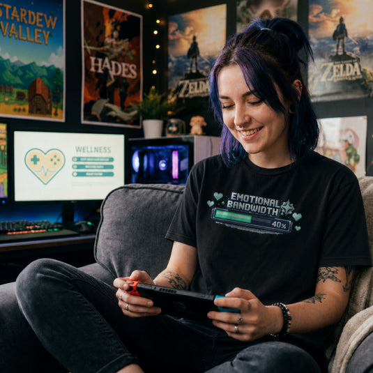 Translation missing: en.Pixel art loading bar black t-shirt reading Emotional Bandwidth 40% with hearts for gamer mental health