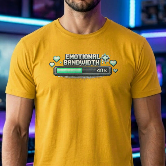 Translation missing: en.Pixel art loading bar daisy t-shirt reading Emotional Bandwidth 40% with hearts for gamer mental health