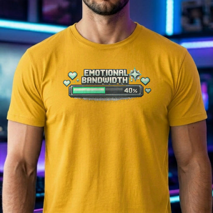 Translation missing: en.Pixel art loading bar daisy t-shirt reading Emotional Bandwidth 40% with hearts for gamer mental health
