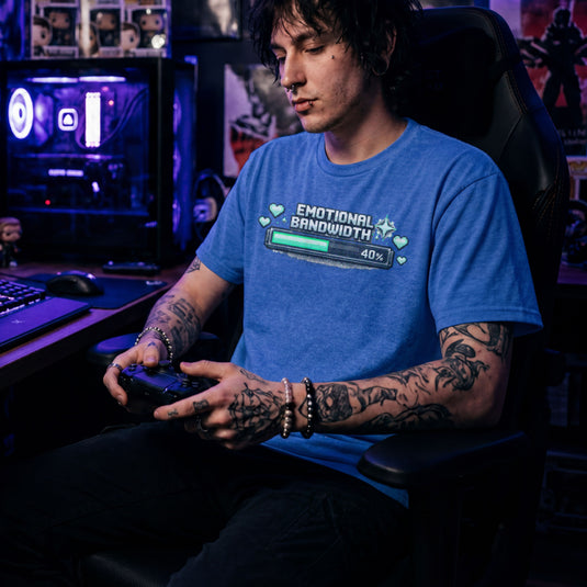 Translation missing: en.Pixel art loading bar heather royal t-shirt reading Emotional Bandwidth 40% with hearts for gamer mental health