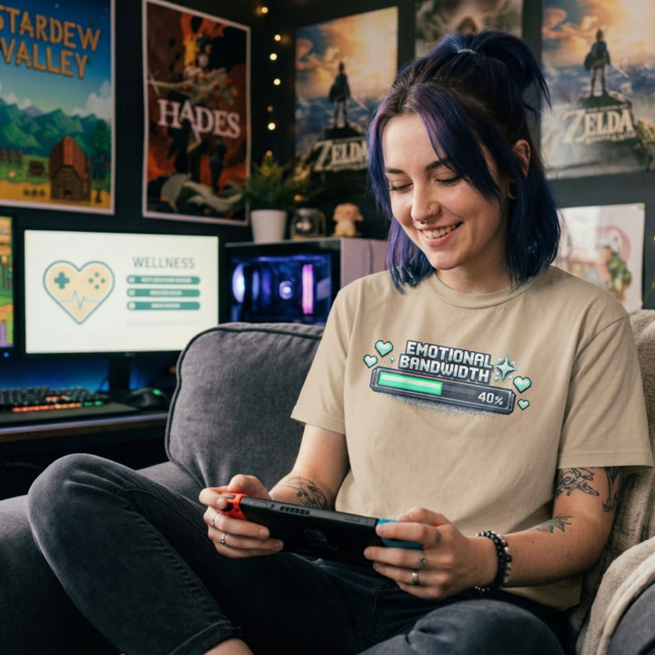 Translation missing: en.Pixel art loading bar sand t-shirt reading Emotional Bandwidth 40% with hearts for gamer mental health