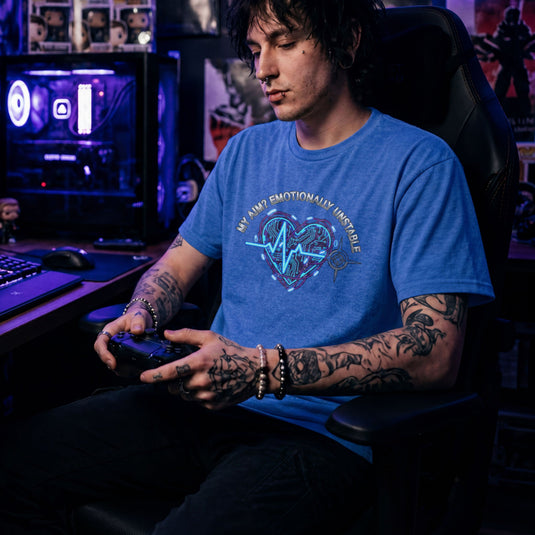 Translation missing: en.Heather royal tee with text My Aim Emotionally Unstable around a glowing cyber circuit heart, pulse line, and crosshair