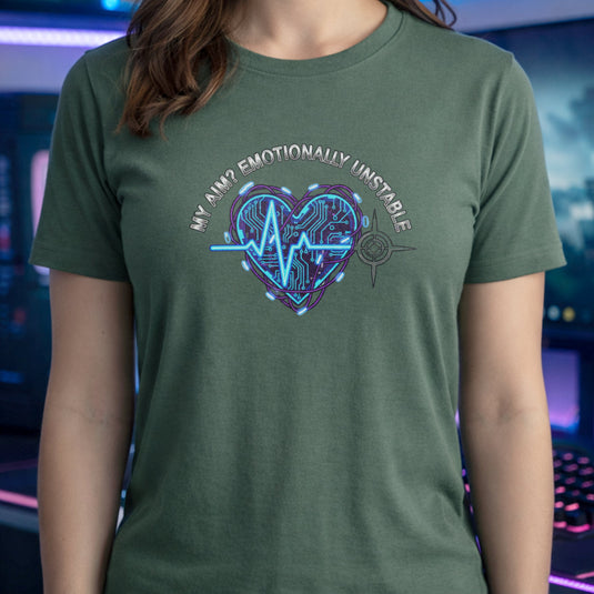 Translation missing: en.Military green tee with text My Aim Emotionally Unstable around a glowing cyber circuit heart, pulse line, and crosshair