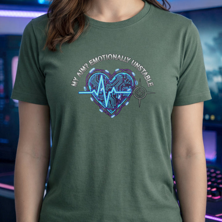 Translation missing: en.Military green tee with text My Aim Emotionally Unstable around a glowing cyber circuit heart, pulse line, and crosshair