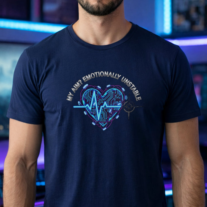 Translation missing: en.Navy tee with text My Aim Emotionally Unstable around a glowing cyber circuit heart, pulse line, and crosshair
