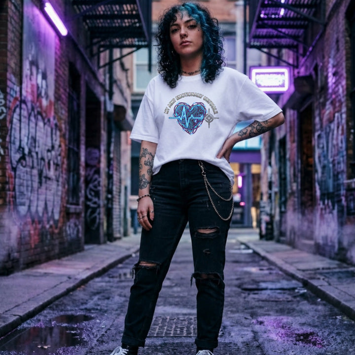 Translation missing: en.White tee with text My Aim Emotionally Unstable around a glowing cyber circuit heart, pulse line, and crosshair