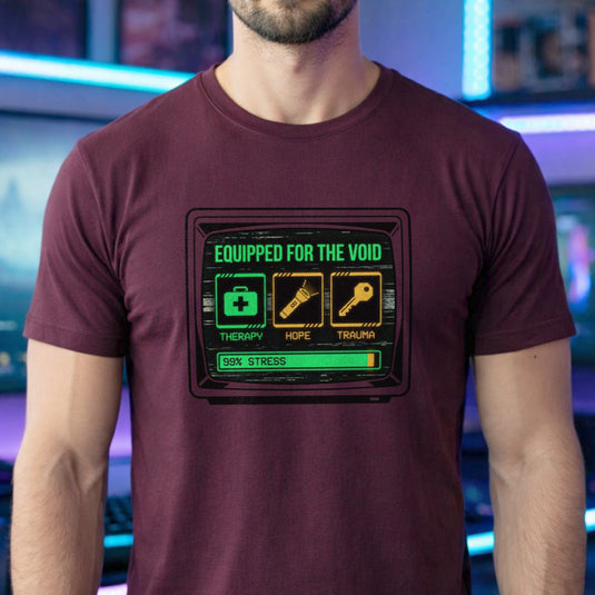 Translation missing: en.Marron t-shirt showing a retro monitor displaying inventory items Therapy, Hope, and Trauma with a 99% Stress bar