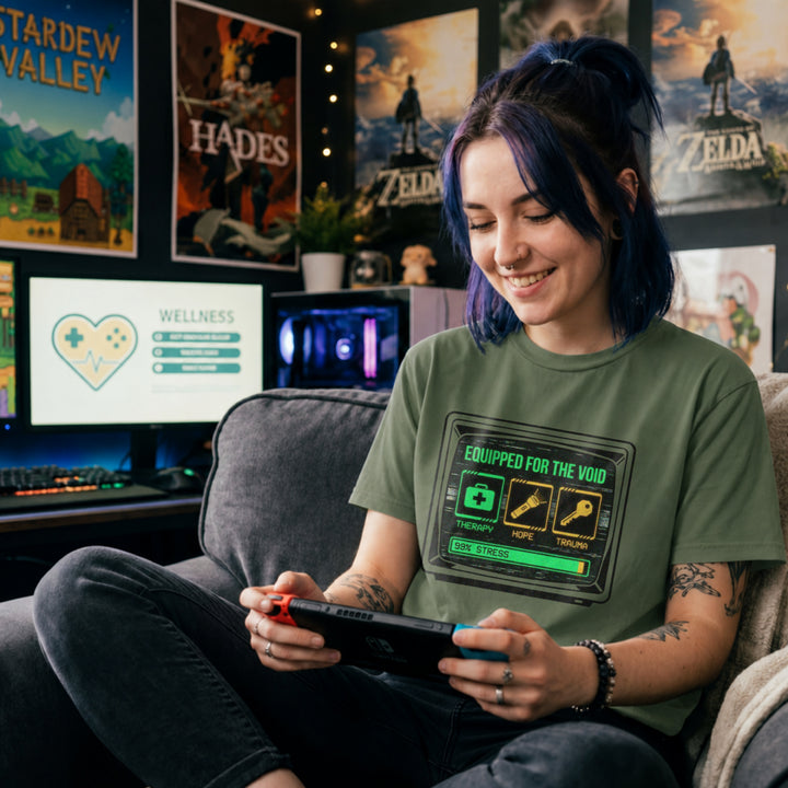 Translation missing: en.Military green tee showing a retro monitor displaying inventory items Therapy, Hope, and Trauma with a 99% Stress bar