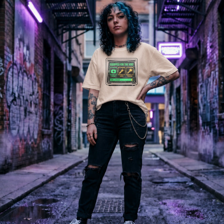 Translation missing: en.Natural t-shirt showing a retro monitor displaying inventory items Therapy, Hope, and Trauma with a 99% Stress bar