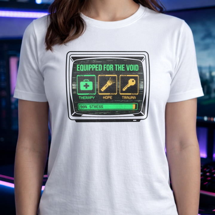 Translation missing: en.White t-shirt showing a retro monitor displaying inventory items Therapy, Hope, and Trauma with a 99% Stress bar