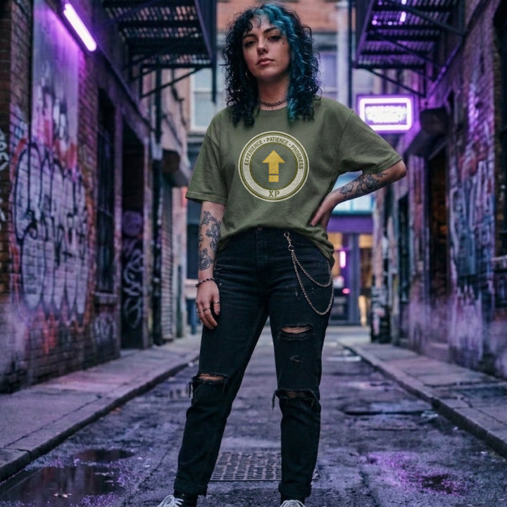 Translation missing: en.Military green t-shirt with a green circular emblem reading Experience Patience Progress XP around a gold level up arrow