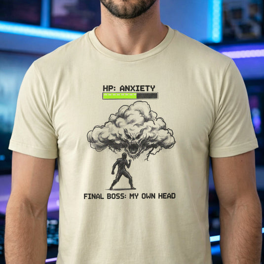 Translation missing: en.Sand t-shirt showing a silhouette warrior facing an anxiety cloud monster labeled Final Boss My Own Head