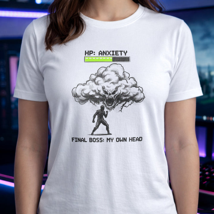 Translation missing: en.White t-shirt showing a silhouette warrior facing an anxiety cloud monster labeled Final Boss My Own Head