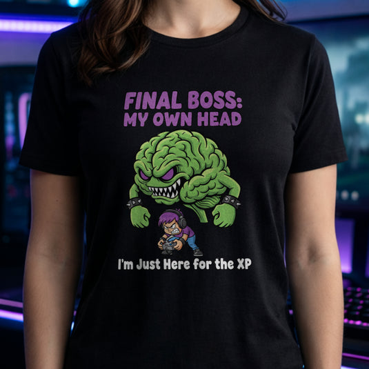 Translation missing: en.Purple text Final Boss My Own Head over an angry green brain monster fighting a purple haired gamer on a black tee