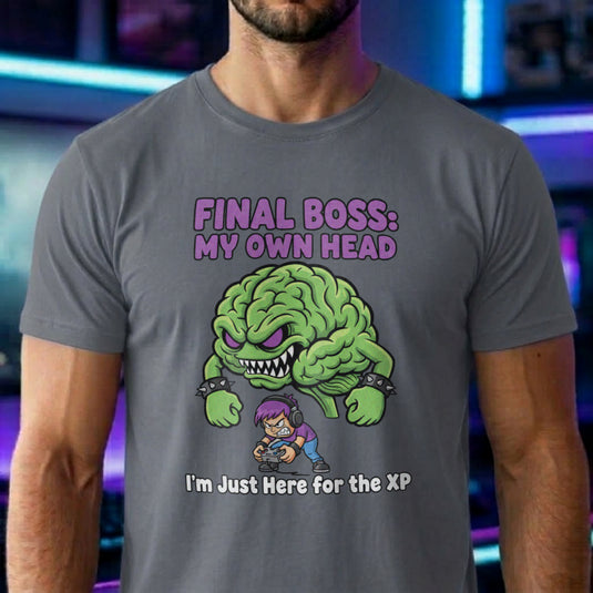 Translation missing: en.Purple text Final Boss My Own Head over an angry green brain monster fighting a purple haired gamer on a graphite heather tee