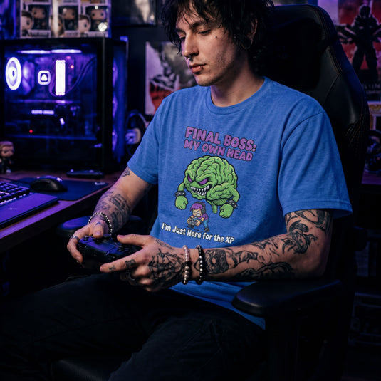 Translation missing: en.Purple text Final Boss My Own Head over an angry green brain monster fighting a purple haired gamer on a heather royal tee