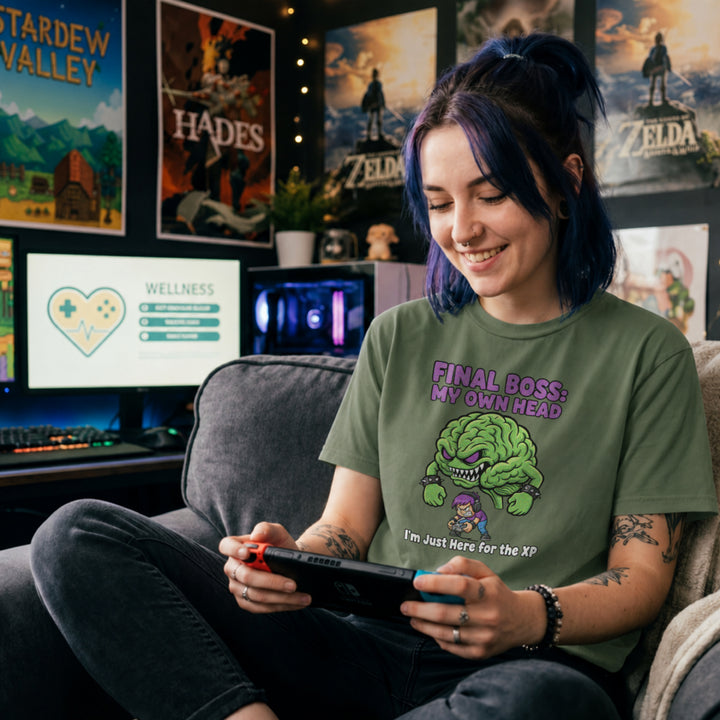 Translation missing: en.Purple text Final Boss My Own Head over an angry green brain monster fighting a purple haired gamer on a military green tee