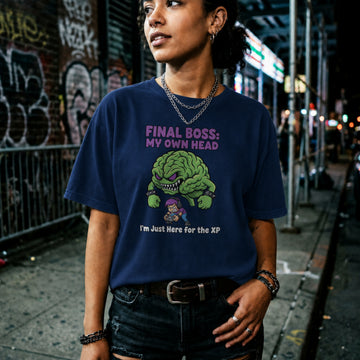 Translation missing: en.Purple text Final Boss My Own Head over an angry green brain monster fighting a purple haired gamer on a navy tee