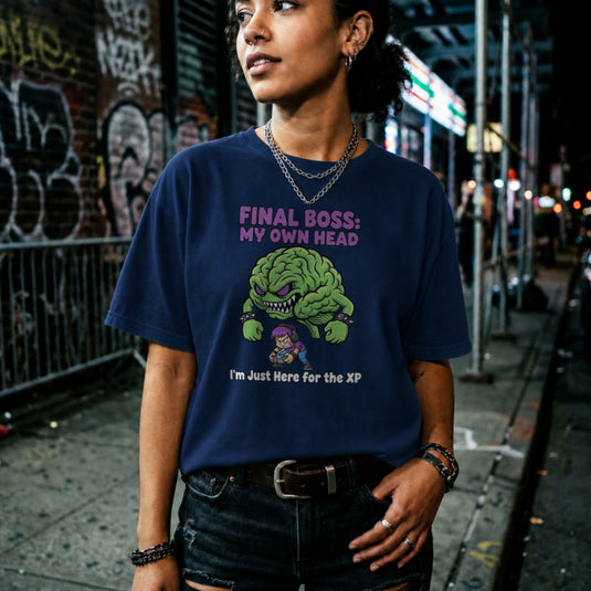 Translation missing: en.Purple text Final Boss My Own Head over an angry green brain monster fighting a purple haired gamer on a navy tee