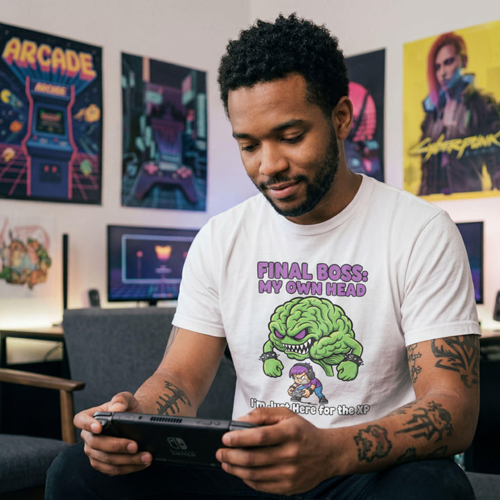 Translation missing: en.Purple text Final Boss My Own Head over an angry green brain monster fighting a purple haired gamer on a white tee