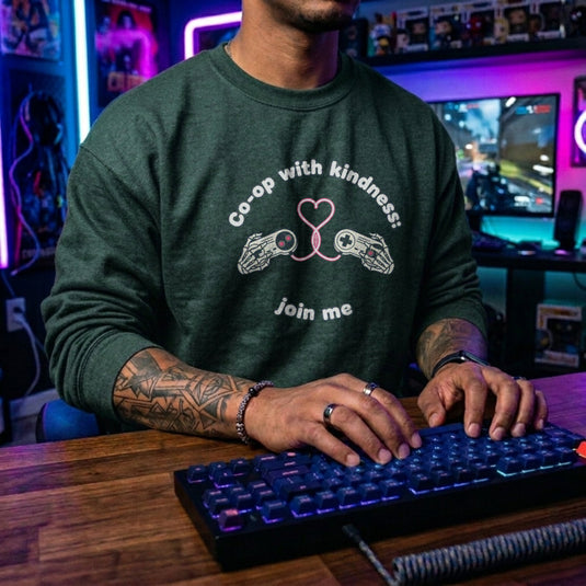 Translation missing: en.Forest green unisex crewneck sweatshirt with gamepad heart graphic reading, co-op with kindness join me