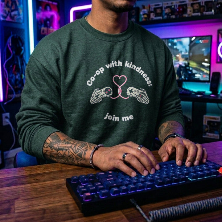 Translation missing: en.Forest green unisex crewneck sweatshirt with gamepad heart graphic reading, co-op with kindness join me