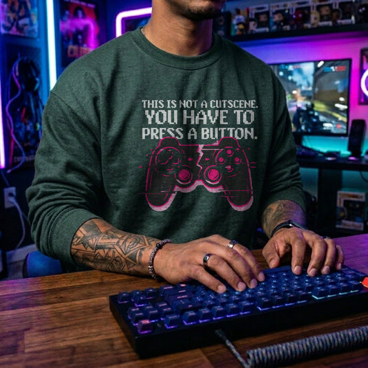 Translation missing: en.Forest Green Crewneck Sweatshirt Gamepad Graphic Text Reading, This Is Not a Cutscene Gaming 