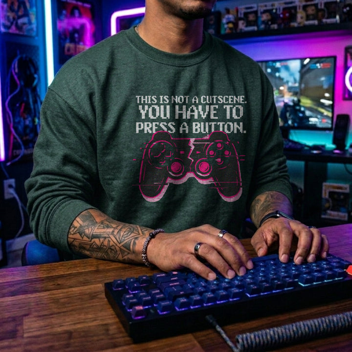 Translation missing: en.Forest Green Crewneck Sweatshirt Gamepad Graphic Text Reading, This Is Not a Cutscene Gaming 