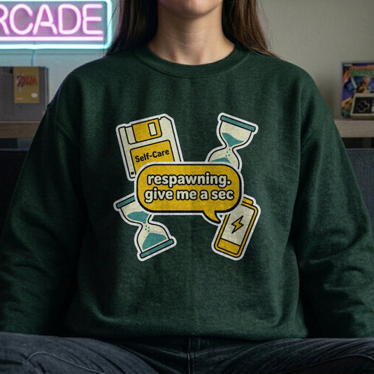Translation missing: en.Forest Green Crewneck Sweatshirt Self Care Floppy Disk Graphic With Text Respawning Give Me A Sec