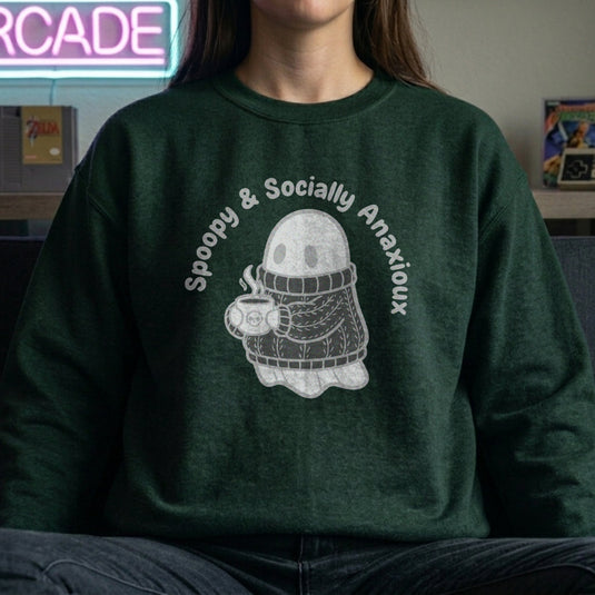 Translation missing: en.Forest Green Crewneck Sweatshirt Ghost Graphic Text Reading Spoopy &amp; Socially Anxious 