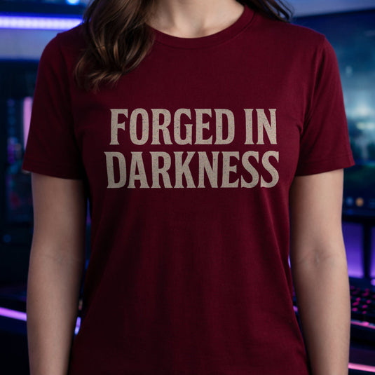 Translation missing: en.Alt n Vibe cardinal red gamer t-shirt reading Forged In Darkness in a white distressed vintage font