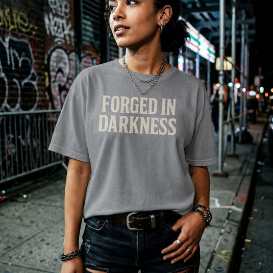 Translation missing: en.Graphite heather gamer t-shirt reading Forged In Darkness in a white distressed vintage font
