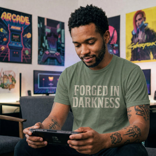 Translation missing: en.Military green gamer t-shirt reading Forged In Darkness in a white distressed vintage font
