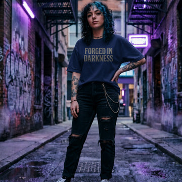 Translation missing: en.Navy gamer t-shirt reading Forged In Darkness in a white distressed vintage font