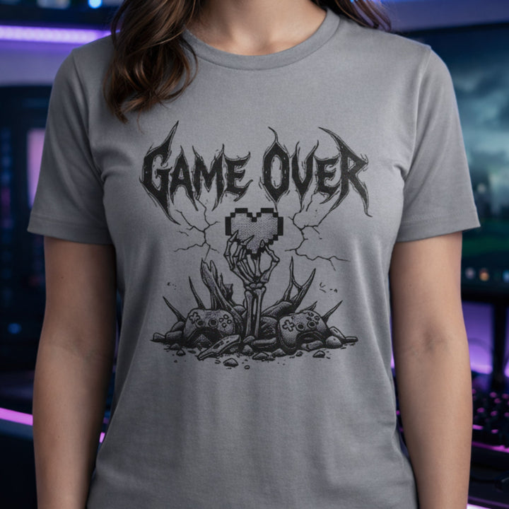Translation missing: en.Sports grey gamer t-shirt with heavy metal Game Over text, a skeleton hand holding a pixel heart, and controllers