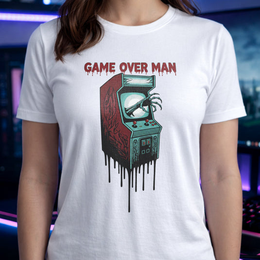 Translation missing: en.White shirt graphic showing a monster hand clawing out of a melting retro arcade screen reading GAME OVER MAN